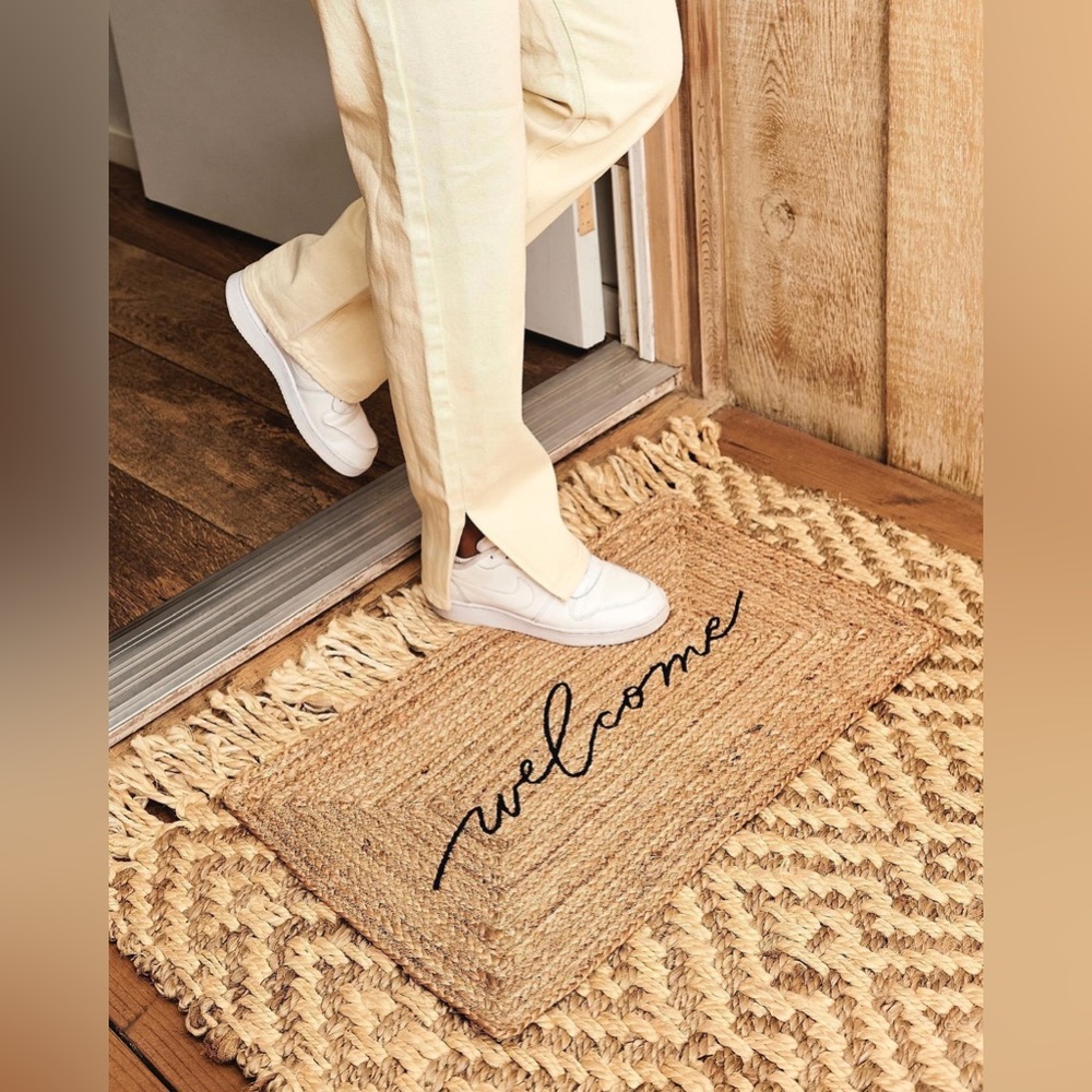 NWT Accompany Us Handmade Jute Welcome Text Mat